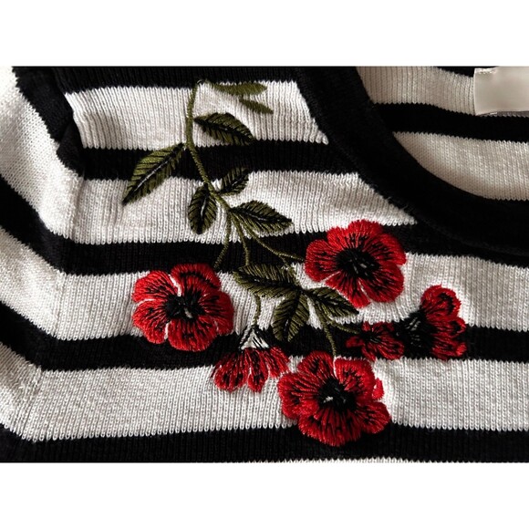 LOFT Black White Striped Floral Embroidery Knit Pullover Sweater Top Size XS - Picture 4 of 7